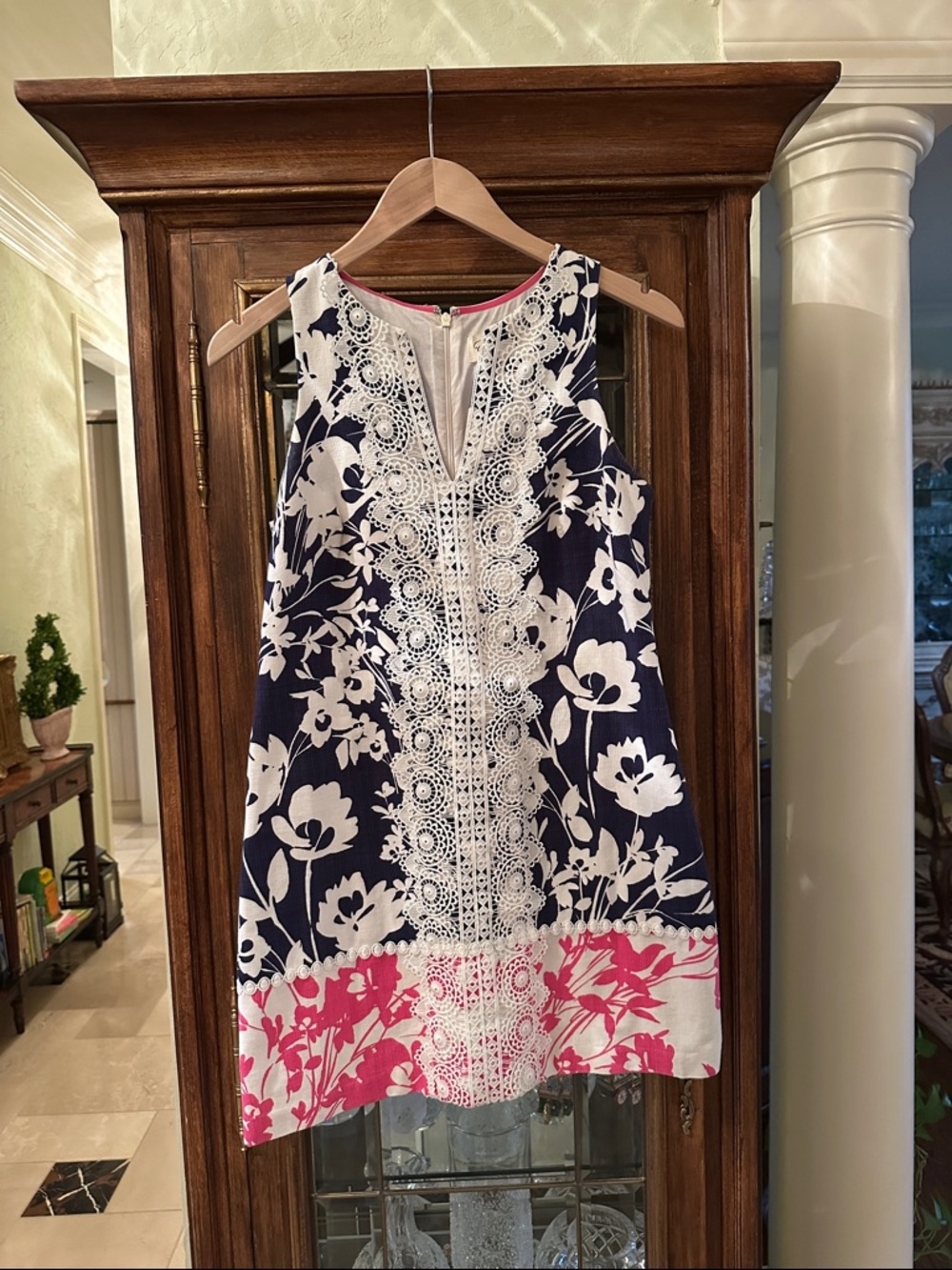 Eliza J Navy, White & Pink Floral Lace-Trim Mini Dress